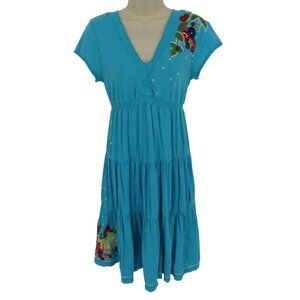Johnny Was Womens Small Blue Embroidered Floral Flower Polka Dot Smocked Dress